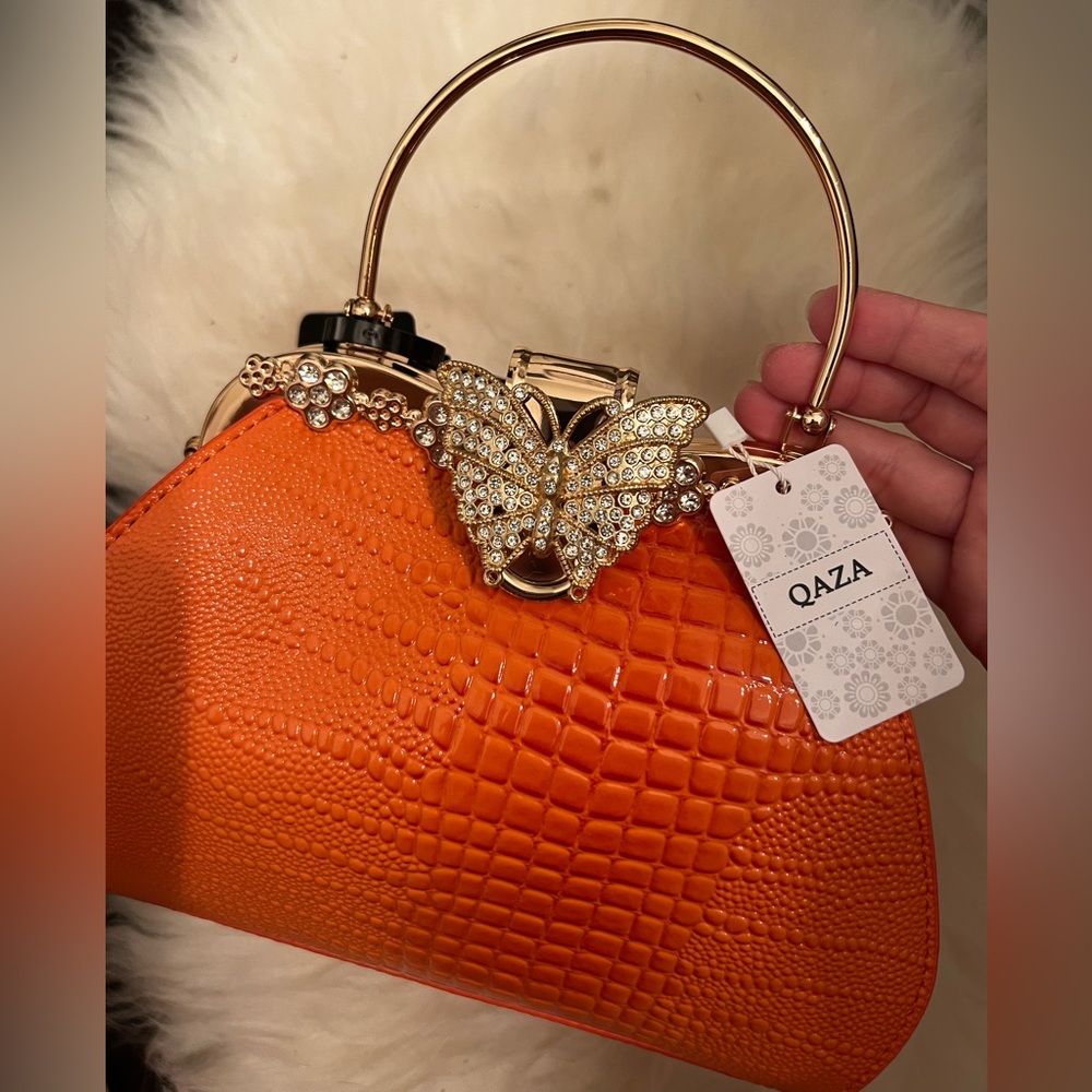 Croc pattern butterfly rhinestone evening bag elegant orange gold hardware - Picture 6 of 6